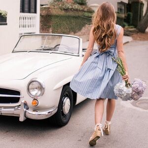 Gal Meets Glam Samantha slub stripe fit & flare dress 16 blue white bow pockets